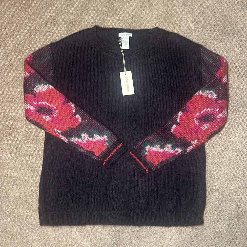 NWT Sundance Lily Dreams Gray Mohair Wool Crewneck Floral Sweater - Size S